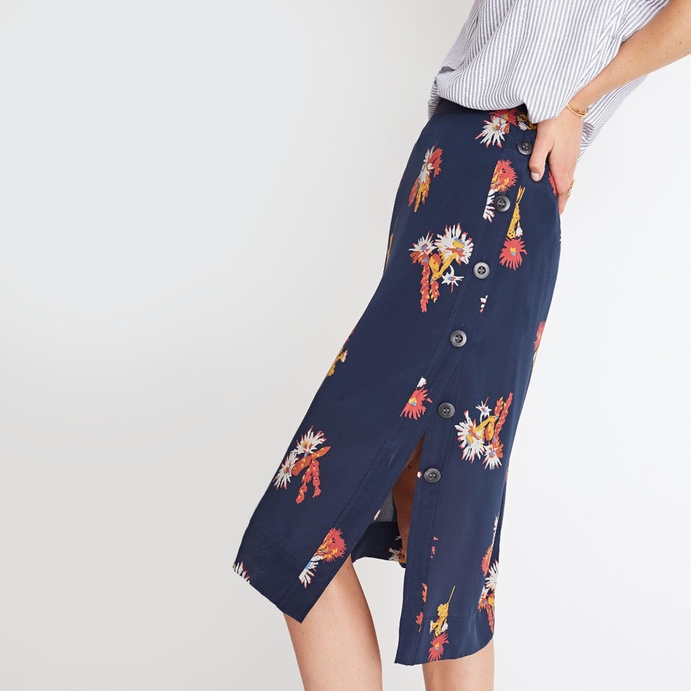 Navy Floral Button-Front Midi Skirt